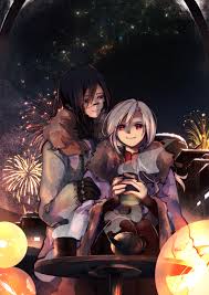 ariane yeong, elster (signalis), signalis, long jacket, absurdres, highres,  2girls, aerial fireworks, akaruc, cityscape, cup, fireworks, fur collar,  happy new year, holding, holding cup, multiple girls, new year, night,  night sky, sky,