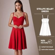 Heart Dress Sewing Pattern, Knee Ruffle Dress PDF Pattern, Straps Red Dress  Sewing Pattern, Beginner Sewing Pattern
