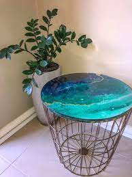 Acrylic Pour Coffee Or Side Table Kmart Hack Created With A Kmart Basket Acrylic Pour Topped With Glass Glass Top Table Art Table Acrylic Pouring Art