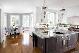 It has a white base with prominent dark brown mineral veins and patches of icy grays, creating an appealing look up close and afar. Alaska White Granite Transitional Kitchen Benjamin Moore Coventry Gray Jane Lockhart Interior Design
