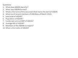 Nov 04, 2020 · a comprehensive database of asean quizzes online, test your knowledge with asean quiz questions. Asean Quiz Pooh Questions 1 What Does Asean Stand For 2 When Was Asean Formed 3 What Is The Name Of The Document That Marks The Start Of Asean 4 What Ppt Download