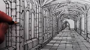 Then, place a dot on the horizon where your hallway will end. How To Draw A Medieval Hallway In One Point Perspective Cloisters Youtube