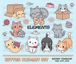 Cats Clipart Cute Cat Clip Art Kawaii Kittens Kitty Icons Pet Illustrations Cat Printable Stickers Planner Supplies Vector Commercial Use Cat Clipart Cat Printable Kawaii Clipart