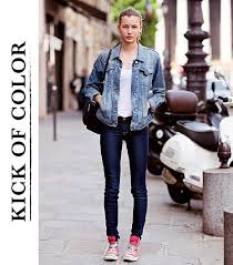 Black And Red Converse High Tops Who What Wear Nora Svensson The Model Brightens Up Her Denim On Denim Mix Wit High Top Converse Outfits Red Converse Outfit High Tops Outfit