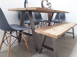 I was commissioned to make this rustic reclaimed kitchen table and bench for a wedding gift. The Howden Reclaimed Wood Dining Table With Optional Bench Features Industrial Style A Frame Legs To Give A Modern Contrast To The Rustic Wood Top Fitted Your Way