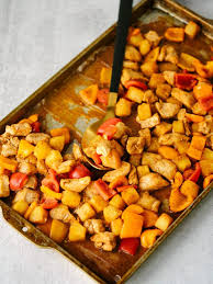 Sheet Pan Pineapple Chicken Mad About Food Recipe In 2020 Pineapple Chicken Sweet And Spicy Sauce Sheet Pan Meals Chicken