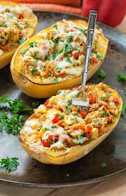 Cheesy Pesto Chicken And Veggie Stuffed Spaghetti Squash Recipe Healthy Dinner Recipes Easy Recipes Squash Recipes
