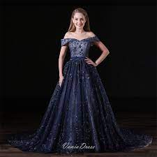 Ball Gown Navy Blue Off The Shoulder Star Pattern Tulle Prom Dress 035ds Evening Dresses Prom Evening Dresses For Weddings Wedding Evening Gown