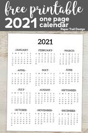 Horizontal and vertical format (landscape and portrait document orientation); Calendar 2021 Printable One Page Paper Trail Design