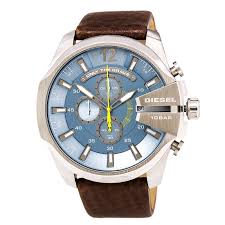 Diesel Dz4281 Men S Mega Chief Light Blue Dial Dark Brown Leather Strap Chronograph Watch Watch Model Brown Leather Strap Watches For Men