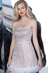 Jovani 67278 Strapless Beaded Feathered A Line Dress In 2020 Feather Cocktail Dress Embellished Cocktail Dress Beaded Cocktail Dress