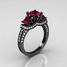 Beautiful Black And Red Engagement Rings French 14k Black Gold Three Stone Raspberry Red Garnet Diamond Wedding Ring Engagement Ring R182 14kb Black Gold Jewelry Red Engagement Ring Beautiful Jewelry