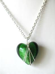 Green Heart Necklace Glass Bead Wire Wrapped Pendant Gold Etsy Heart Necklace Wire Wrapped Pendant Necklace