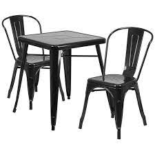 The hillrom collection of metal chairs and tables can accommodate all budget ranges. 23 75 Square Black Metal Indoor Outdoor Table Set With 2 Stack Chairs Restaurant Furniture Org