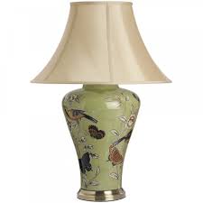 Soft Green Birds Butterflies Cardinal Ceramic Table Lamp With Pale Gold Silk Shade Ceramic Table Lamps Table Lamp Lamp
