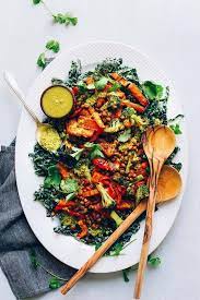 Curry Roasted Vegetable Lentil Kale Salad 30 Minutes Recipe Roasted Vegetables Roasted Veggies Recipes
