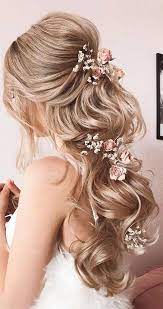 35 Half Up Half Down Wedding Hairstyles For 2021 Bride Hair Down Bride Hairstyles Floral Wedding Hair Accessories