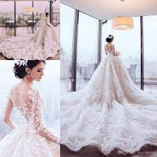 Modest Long Sleeve Saudi Arabic Wedding Dresses Open Back Jewel Neck Lace Appliqued Cathedral Train Country Bridal Gowns Ballroom Wedding Dress Corset Ball Gown Corset Ball Gown Wedding Dress Wedding Dresses