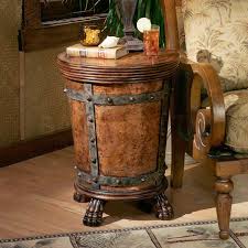 Old World Medieval Tuscan Style Furniture Iron Burl Wood Side End Accent Table Drum Table End Tables Furniture