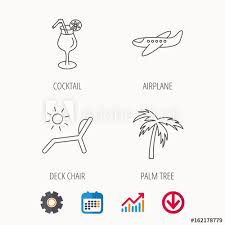 Airplane Deck Chair And Cocktail Icons Palm Tree Linear