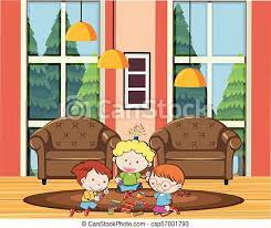 Now on to how we organize the kids' toys throughout the living room! Kids Playing Toys In Living Room Illustration Canstock