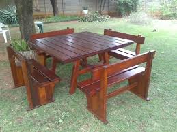 Square Slatted Top Table And Benches Made From Recycled Mine Sleepers Wooden Tables Table Outdoor Tables