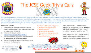 They are probably the best questions to ask at pretty much any social event. Joburg Centre For Software Engineering Join Grandgeek Prof Barry Dwolatzky For The Jcse Geek Trivia Quiz On Wednesday 10 June At 16 00 Spaces Are Limited Https Forms Gle S9szebcqfxffkm Facebook