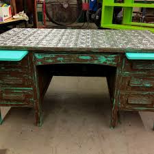 Refurbished Office Desk With Tin Top And Turquoise Brown Vintage Home Offices Small Office Decor Home Office Decor
