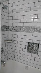 White Subway Tiles Glass Tile Niche Marble Corner Shelf Chrome Decorative Strip Chrome S Subway Tile Shower Designs Shower Tile Designs Shower Corner Shelf