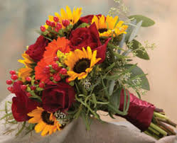 Fall Autumn Wedding Bouquet Red Roses Orange Gerbera Daisies Yellow Sunflowers Greenery Bridal Bouquet Fall Sunflower Wedding Bouquet Fall Wedding Flowers