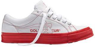 This one star ox golf le fleur sports a black upper with white and grey accents, white converse star, white midsole, and white sole. Golf Le Fleur X One Star Ox Racing Red Converse 164026c Goat