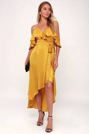 Layla Mustard Yellow Satin Off The Shoulder Wrap Dress Cocktail Dress Yellow Yellow Satin Dress Mustard Yellow Bridesmaid Dress