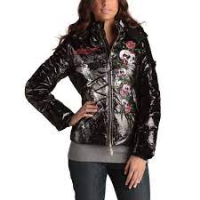 Ed Hardy Womens Skull Roses Puffer Ja Puffer Jacket Black Ed Hardy Jackets