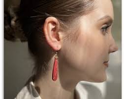 Polymer Clay Earrings FARAH 24 Carat Gold Plated, Statement in Art Deco Red  Pink Old Rose