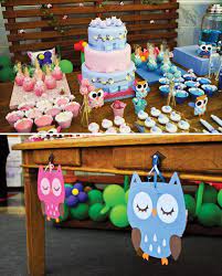 Sweet Pink Blue Owl Dessert Table Hostess With The Mostess Owl Baby Shower Theme Owl Baby Shower Baby Shower Drinks