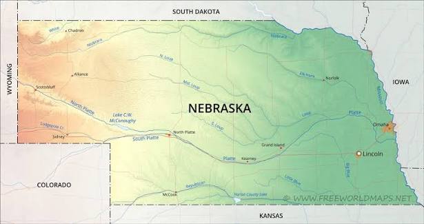 Physical map of Nebraska