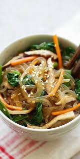 Japchae Korean Noodle Dish With Sweet Potato Noodles And Vegetables Learn How To Make Ja Korean Side Dishes Sweet Potato Noodles Sweet Potato Noodles Recipe