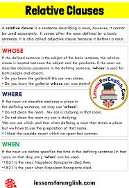 Relative Clauses Whose Where When Definition And Example Sentences A Relative Clause Is A Sentence Describing A Noun In 2020 Relative Clauses Sentences Adjectives
