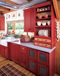 farmhouse kitchen with red cabinets