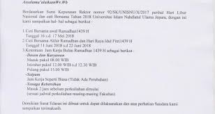 Surat Edaran Cuti Bersama Dan Jam Kerja Ramadhan 1439 H Unisnu