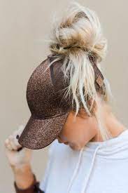 Pre Order Messy Bun Baseball Cap Bronze Glitter Hat Hairstyles Hair Styles Long Hair Styles
