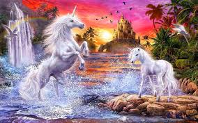 Download, share or upload your own one! Fantasy Unicorns Castle Sunset River Falls Palm Flowers Birds Wallpaper Hd Wallpapers13 Com