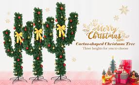 Amazon Com Goplus Pre Lit Artificial Cactus Christmas Tree With Led Lights And Ball Ornaments Kitchen Dining