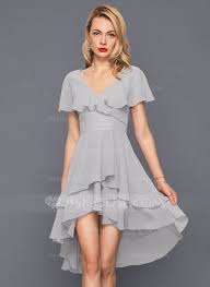 Us 79 00 A Line V Neck Asymmetrical Chiffon Cocktail Dress With Cascading Ruffles Jj S House Summer Cocktail Dress Cocktail Dresses With Sleeves Chiffon Cocktail Dress