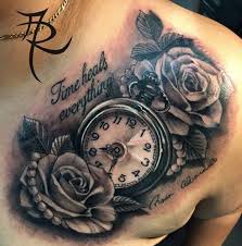 Glossy Flowers With Clock Tattoo On Shoulder Png 527 533 Shouldertattoosformen Clock Tattoo Rose Tattoos For Men Watch Tattoos