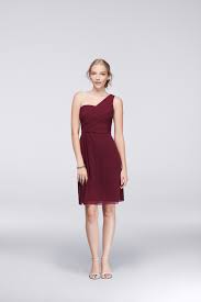 A Short One Shoulder Burgundy Bridesmaid Dress From David S Bridal Short Burgundy Bridesmaid Dresses Red Bridesmaid Dresses Bridesmaid Dresses