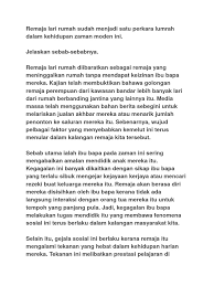 Sep 24, 2012 · lari mengikut kekasih dikenal pasti salah satu faktor utama remaja, termasuk gadis sunti yang masih bersekolah rendah lari dari rumah. Faktor Remaja Lari Daripada Rumah