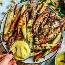 This sauce also works particularly well with any mild or sweet fried vegetables like fried mushrooms and sweet potato fries. Sweet Potato Fries With Dairy Free Cheese Sauce By Starinfinitefood Quick Easy Recipe The Feedfeed