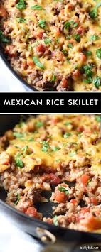 This Mexican Rice Skillet Is A Delicious And Easy Weeknight Meal All In One Pan Featuring Baked Rice Ground Mexican Food Recipes Easy Weeknight Meals Recipes