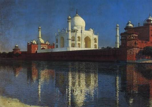 An evening at the Taj Mahal, Agra— painting By Vasily Vasilevich Vereshchagin circa 1875.